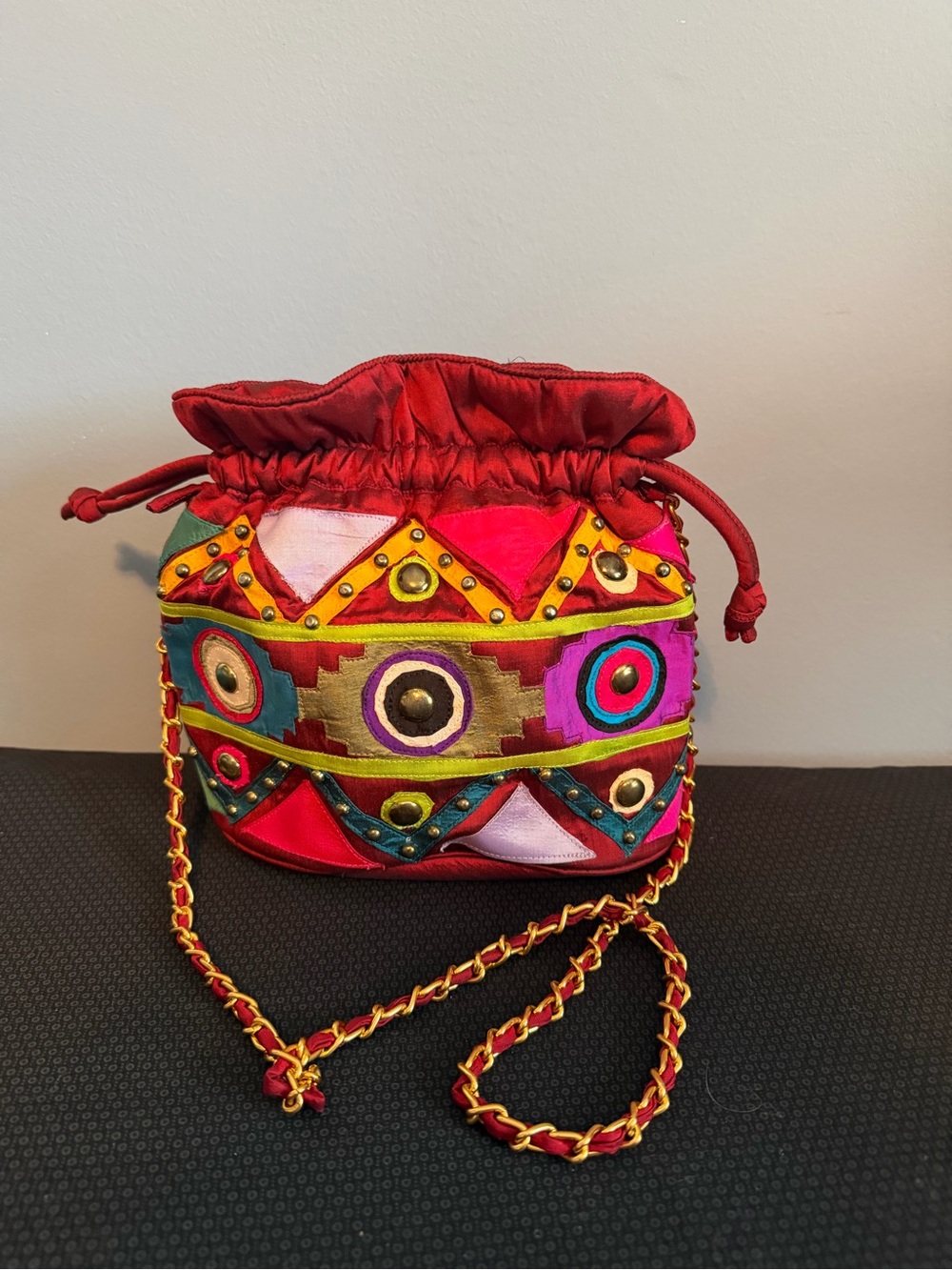 VINTAGE Silk and Metal Grommet Draw Top Closure Crossbody Bag